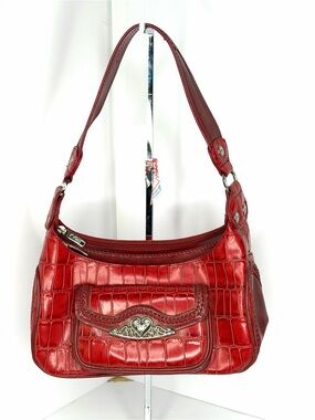 Marc Chantal Red Croc-Embossed Shoulder Bag with Decorative Accent